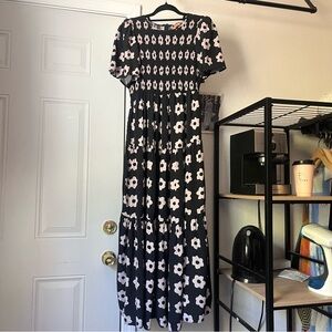 KITRI black pink floral smocked tiered short sleeve maxi dress